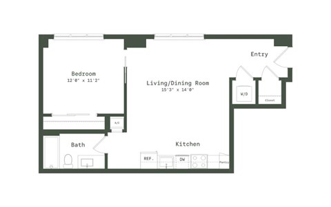 Floor plan for 1 bed, 1 bath, 701 sqft